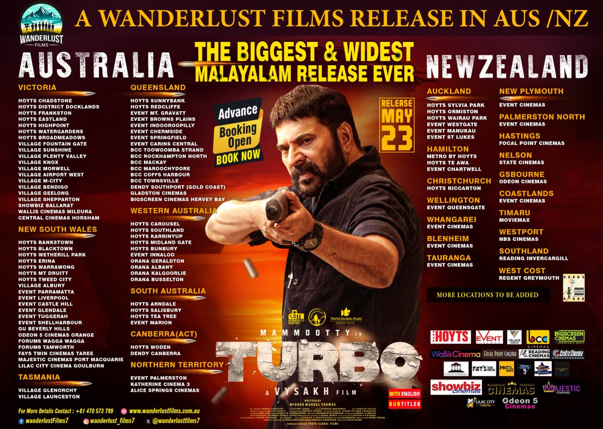 #Turbo Australia & NewZealand 🇦🇺🇳🇿 Theatre List. Biggest & Widest Malayalam Release Ever!!💥👊🏻