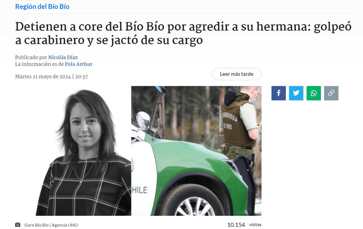 Detienen a CORE del Biobio por agredir a su hermana y a un Carabinero, se llama Diana González Catalán, es del Partido Ecologista Verde, un partido del gobierno.

Para que lo tengan en mente en las elecciones de octubre.