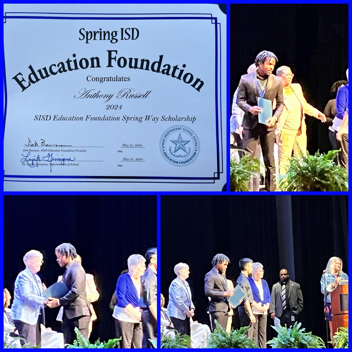 I’m so proud of my son @AnthonyIRussell. Tonight he was awarded the @springisd Education Foundation Scholarship. #Scholar #MagnaCumLaude #ThatsMyBoy @arussell0808 @therealJbal