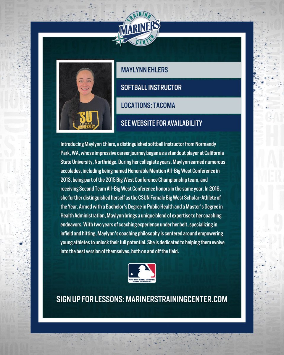 Mariners Training Center (@mariners_tc) on Twitter photo Softball Instructor Spotlight! π
Maylynn Ehlers | π MTC Puyallup & Tacoma
Specializing in infield and hitting
Book a lesson with her today! π marinerstrainingcenter.com/lessons/ Softball Instructor Spotlight! π
Maylynn Ehlers | π MTC Puyallup & Tacoma
Specializing in infield and hitting
Book a lesson with her today! π marinerstrainingcenter.com/lessons/
