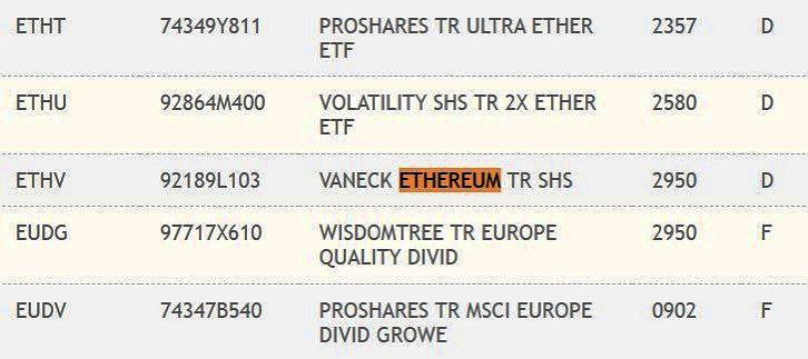 💥 VanEck Spot Ethereum ETF has been listed on the DTCC under ticker $ETHV 🔹