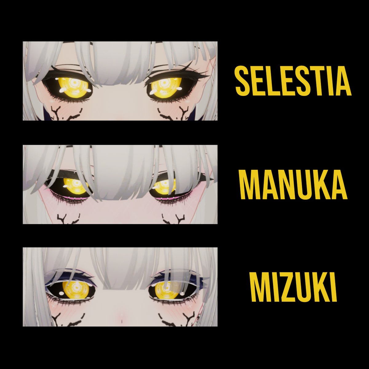 Kandake_Nest's tweet image. - [Selestia/Manuka/Mizuki/Kikyo/Moe/Sio] Shinigami Eye &amp;amp; MakeUp Textures -

Content : 
- PNG Files : Eye Textures, Black Eye Background, Emissions, Eyelid, Underlashes, Left and Right Tattoos 
- 6 colors 

👉kandakenest.booth.pm/items/5763797 

#VRChat #3DTexture