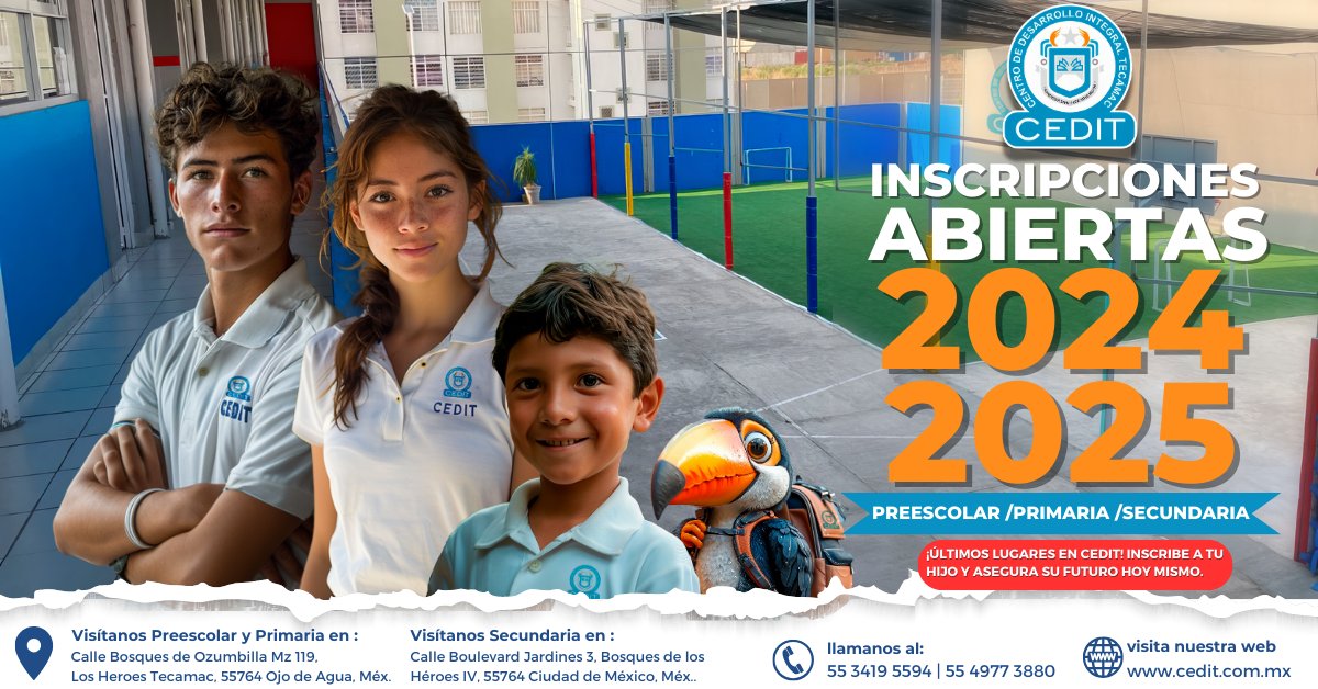cedit_tecamac's tweet image. 🎓 ¡Últimos lugares en #CEDIT para el ciclo 2024-2025! Educación integral desde preescolar hasta secundaria, con transporte, comedor, talleres educativos y deportivos.

📞 55 3419 5594 | 55 4977 3880 👍 facebook.com/ceditmx1🌐 cedit.com.mx
 #LosHéroesTecámac