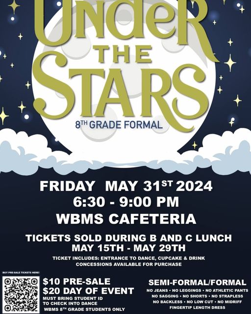 8th Graders! Don't forget to purchase your tickets at pre-sale prices $10! See the flyer below! Volunteers, we need you! Please sign up here: signupgenius.com/go/60B044AA5A6… @WestBriarMS