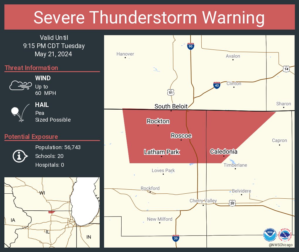 Severe Thunderstorm Warning continues for Roscoe IL, South Beloit IL and Rockton IL until 9:15 PM CDT