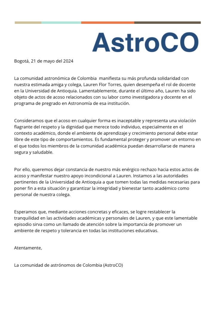 Luis A. Núñez (@nunezluis) on Twitter photo La comunidad de #Astronomia de #Colombia se solidariza con nuestra colega y amiga <a href="/lauren_flor/">Lauren Flor Torres</a> Instamos a las autoridades de la Universidad de Antioquia a que tomen todas las medidas necesarias para poner fin a esta situación y garantizar su integridad personal de nuestra colega La comunidad de #Astronomia de #Colombia se solidariza con nuestra colega y amiga <a href="/lauren_flor/">Lauren Flor Torres</a> Instamos a las autoridades de la Universidad de Antioquia a que tomen todas las medidas necesarias para poner fin a esta situación y garantizar su integridad personal de nuestra colega