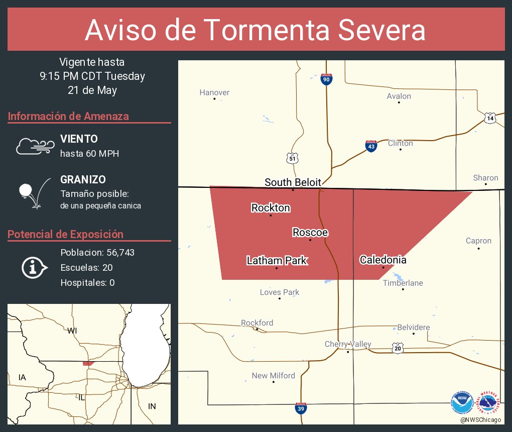 Aviso de Tormenta Severa continúa Roscoe IL, South Beloit IL, Rockton IL hasta las 9:15 PM CDT