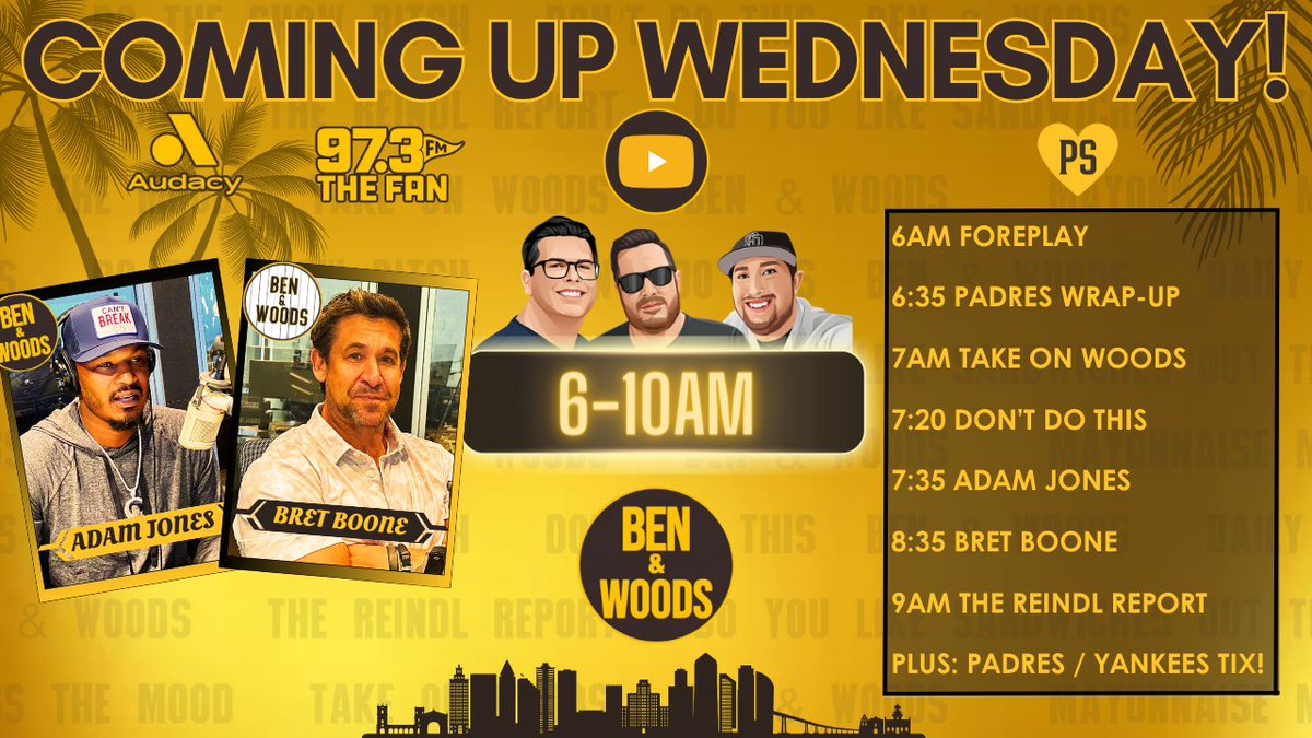 Coming up on a Big League Wednesday! We'll go over tonight's loss in Cincinnati, catch up with @SimplyAJ10 and @theboone29, AND we've got a pair of tickets to Friday's game to giveaway! Foreplay starts at 6am on @973TheFanSD 💛