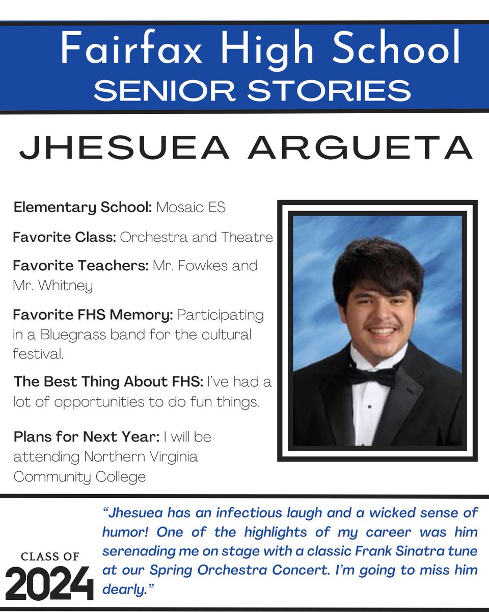 Today’s senior is Jhesuea G. Argueta! Jhesuea is a Mosaic ES alum and part of the FHS Theatre and Orchestra. Next year Jhesuea will attend <a href="/NOVAcommcollege/">NOVAcommcollege</a>! Congrats and good luck Jhesuea! To see all our seniors, check out our website bit.ly/fairfaxseniors