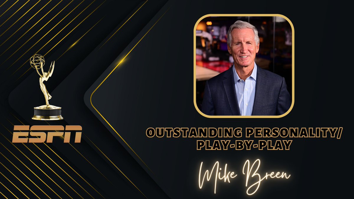 Congratulations to ESPN's Mike Breen on his 2024 @sportsemmys win for 'Outstanding Personality/Play-By-Play' This is Breen's third straight Sports Emmy Award win in this category #SportsEmmys