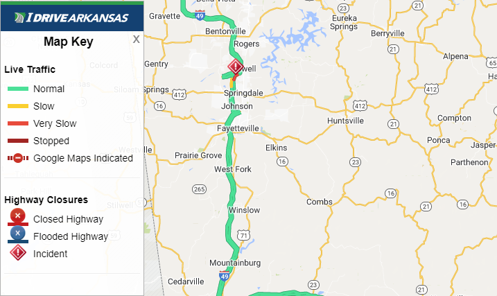 Benton Co: (UPDATE) I-49 NB left , center, and left shoulder remains blocked at Mile Marker 75.9 (Springdale) due to an accident. Monitor IDriveArkansas.com for the latest information. #artraffic #nwatraffic