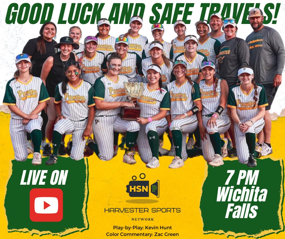 Safe travels today and Good Luck to your Pampa @LadyHarvesterSB team as they head to Wichita Falls to play the Sanger Lady Indians in the Regional Finals. Game 1 is at 7 PM tonight at Midwestern State University! Kevin Hunt and Zac Green will be on the call!