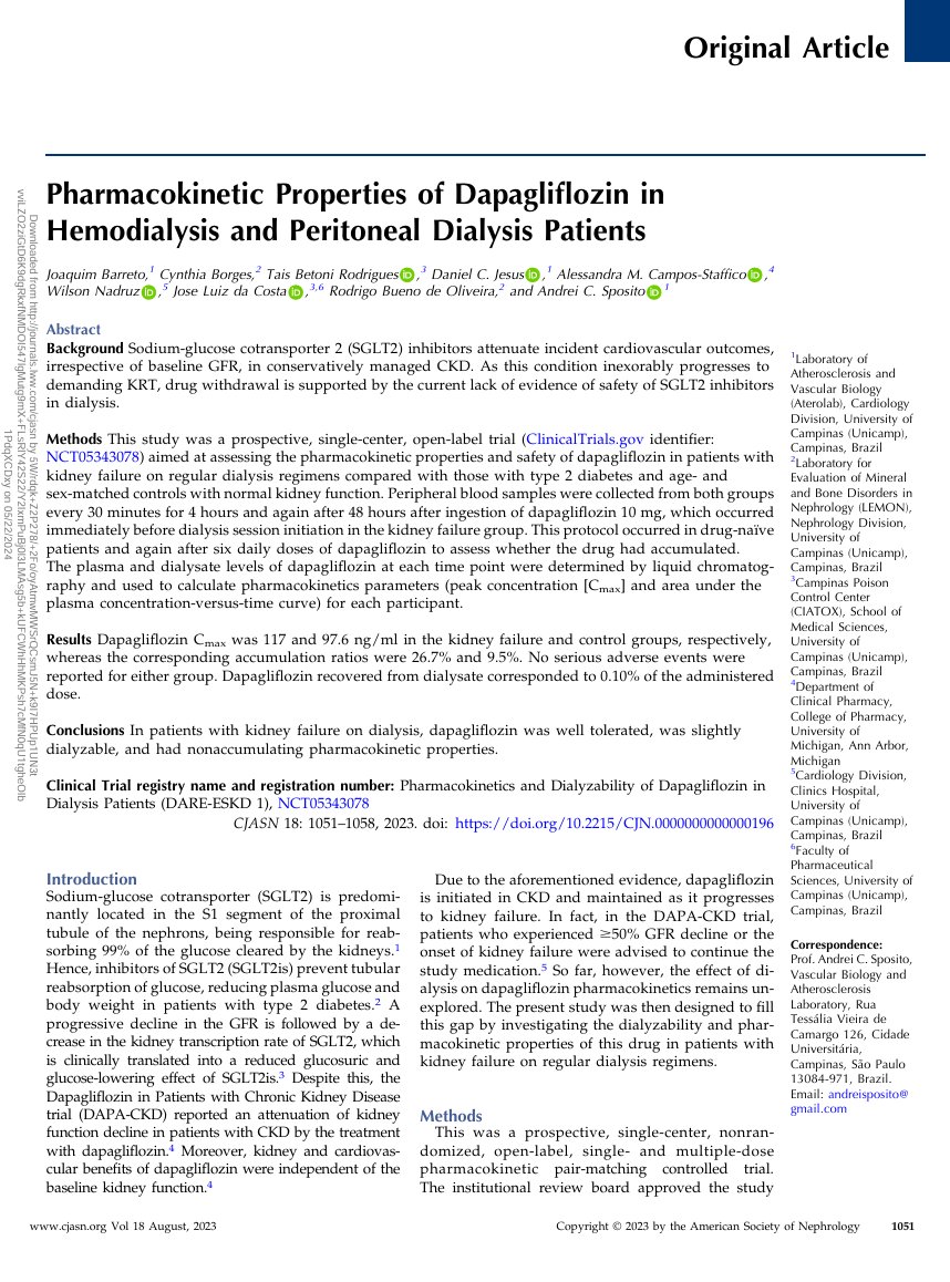 In patients with kidney failure on dialysis, dapagliflozin was well tolerated, was slightly dialyzable, and had non-accumulating pharmacokinetic properties ca. 2023 from @CJASN #Nephpearls #NephJC 👉 pubmed.ncbi.nlm.nih.gov/37227937/