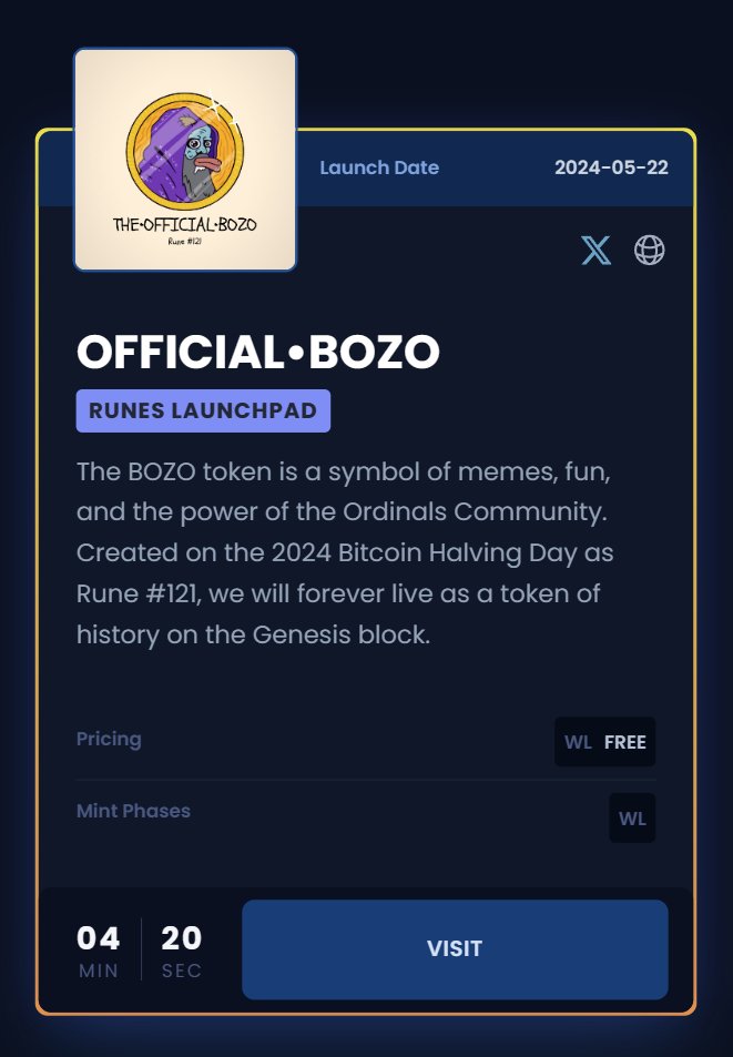 🔔 Mint THE•OFFICIAL•BOZO in 4 minutes and 20 seconds here: 

luminex.io/runes/launchpa…