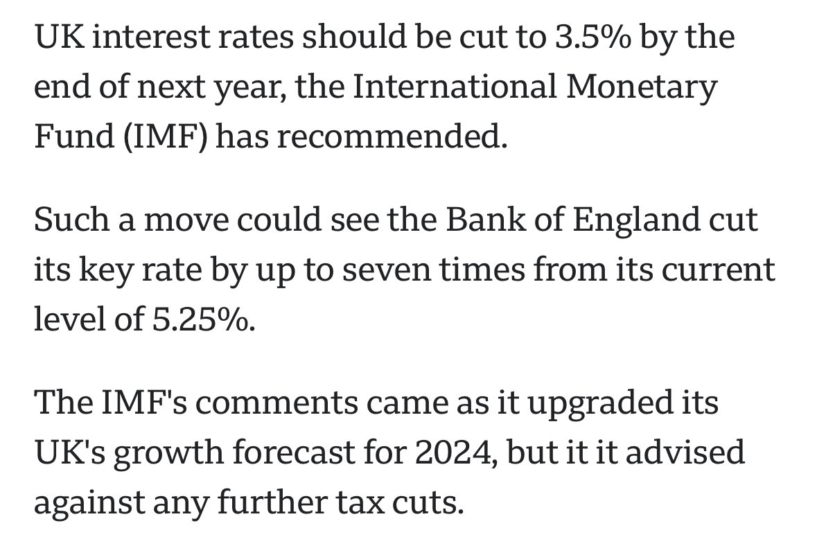 From @BBCNews 

A bold call by the IMF on UK rates. 

#economy #markets #uk #econtwitter @IMFNews