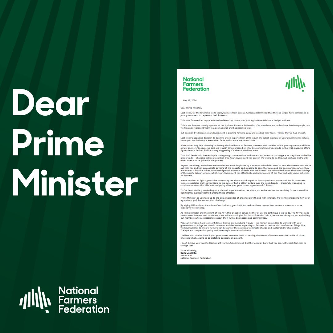 National Farmers' Federation (@nationalfarmers) on Twitter photo Our President <a href="/farmer_dj/">David Jochinke</a> has written to <a href="/AlboMP/">Anthony Albanese</a> "Last week, for the first time in 39yrs, farmers from across Australia determined that they no longer have confidence in your govt to represent their interests. It's time for leadership that listens and acts" nff.org.au/media-release/… Our President <a href="/farmer_dj/">David Jochinke</a> has written to <a href="/AlboMP/">Anthony Albanese</a> "Last week, for the first time in 39yrs, farmers from across Australia determined that they no longer have confidence in your govt to represent their interests. It's time for leadership that listens and acts" nff.org.au/media-release/…