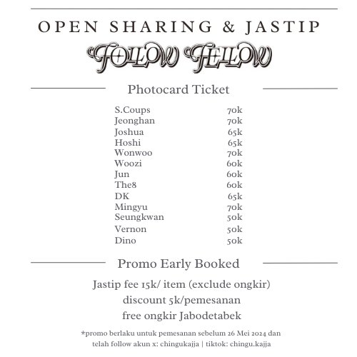 SEVENTEEN FOLLOW FELLOW EXHIBITION JAKARTA OPEN SHARING PHOTOCARD &amp; JASTIP MERCHANDISE
SPECIAL PROMO FOR EARLY BOOKED
DM for more info
📍Jakarta