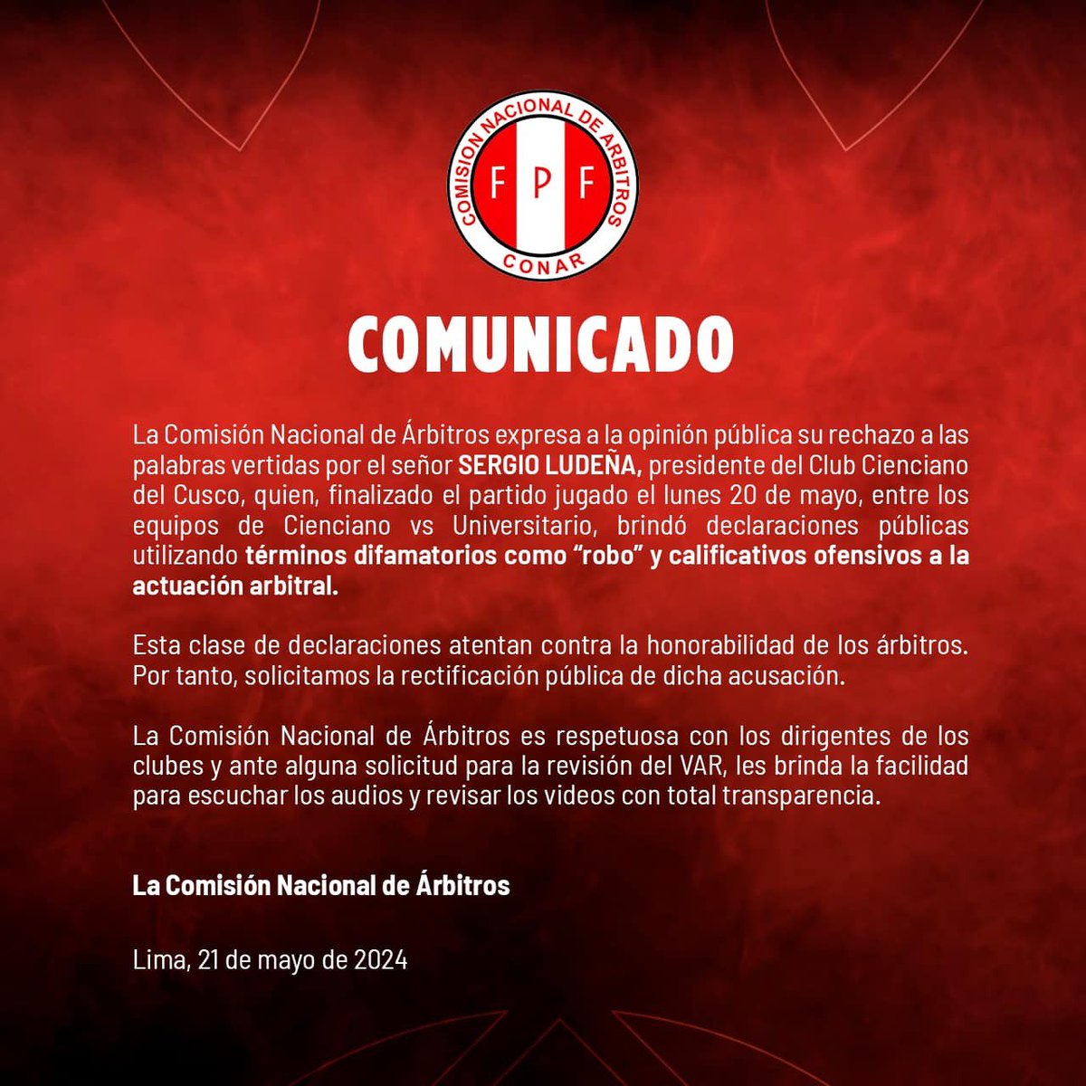 La CONAR cuando @jferrari5 dice “ya sabemos cómo es esto”, “ya sabemos cómo actúan algunos árbitros en instancias finales”, sin que haya error arbitral // la CONAR cuando declara otra persona y hay un grosero error arbitral Muy evidente, ¿no?