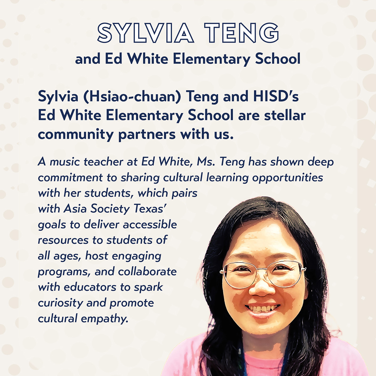 We're thrilled to highlight @HoustonISD's Ed White Elementary and music teacher Sylvia Teng in this week's #APAHM2024 spotlight sponsored by @comcast! Since 2021, we've partnered with Ms. Teng to share cultural learning opportunities with her students. » asiasociety.org/texas/communit…