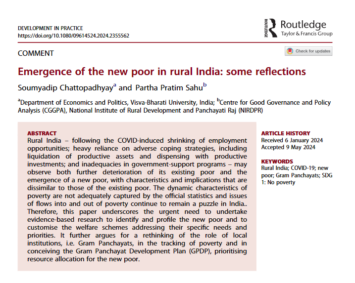 How have the COVID-produced 'new poor' in rural India been coping? Our latest viewpoint article by @amisoumyadip & Partha Pratim Sahu reflects on coping mechanisms and the role of Gram Panchayats: doi.org/10.1080/096145…