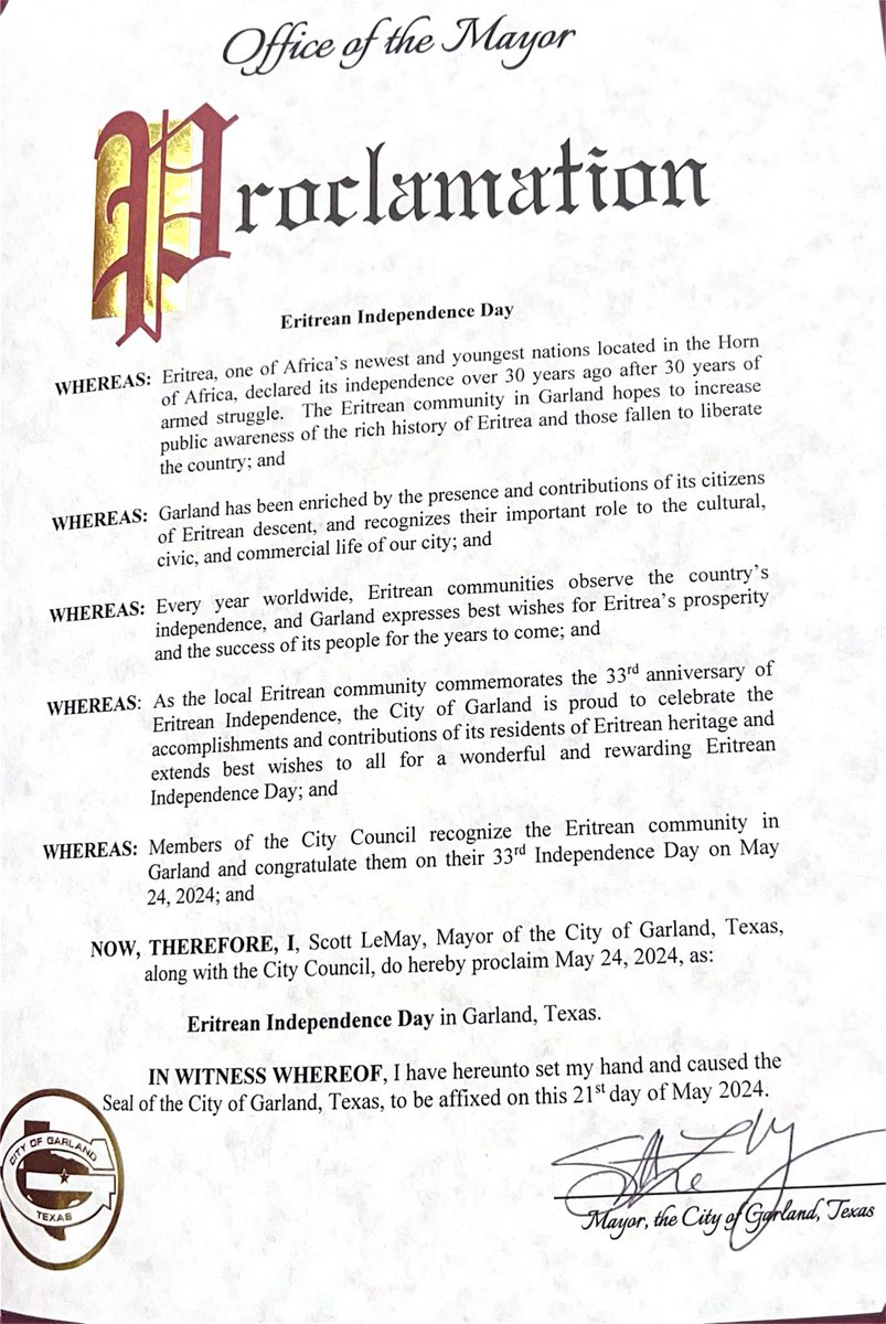hadnetkeleta's tweet photo. 2nd batch 
Mayors of the following cities also proclaimed that May 24,2024 be celebrated as #Eritrea’s Independence Day in their cities. 
#Oakland, CA
#Garland,TX
#Chicago, IL
#Shoreline, WA  የቐንየልና! شكرًا لك
Thank you!
Kudos to Eri-communities, #NPDG, #NCEA & others who worked hard. #EritreaShinesAt33 #Eritrea