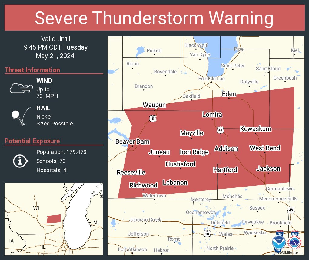 Severe Thunderstorm Warning continues for West Bend WI, Beaver Dam WI and Hartford WI until 9:45 PM CDT. This storm will contain wind gusts to 70 MPH!