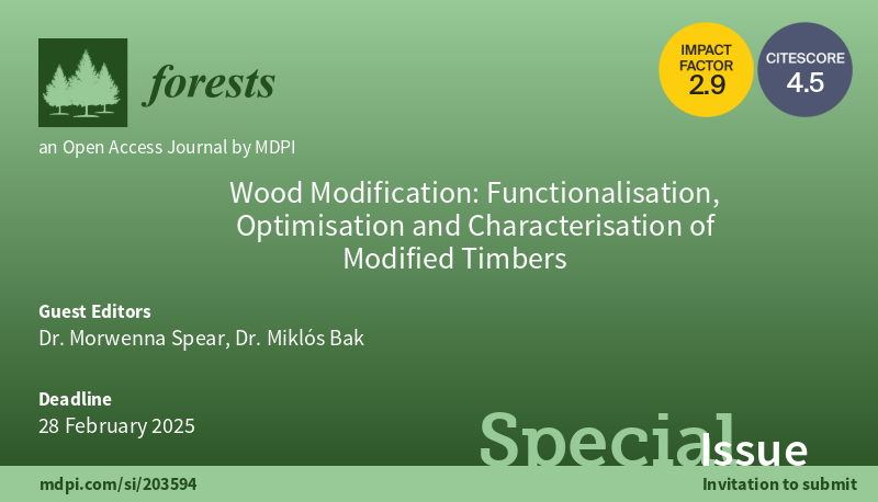 🌲 #Forests 🌲 New special issue is online: '#Wood #Modification: Functionalisation, Optimisation and Characterisation of Modified #Timbers', guest edited by Dr. Morwenna Spear and Dr. Miklós Bak. 👉mdpi.com/journal/forest… 🌴#impregnation #properties #durability #sustainability