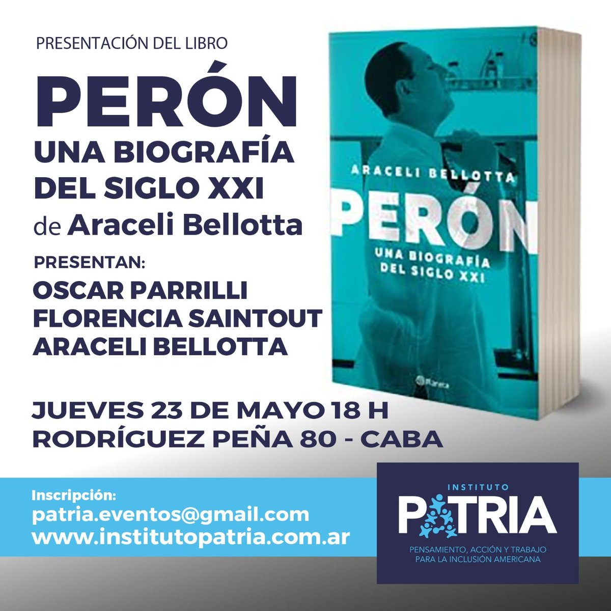 Araceli Bellotta (@aracelibellotta) on Twitter photo El jueves 23 estaré en el Instituto Patria presentando mi nuevo trabajo, en mi casa que es la casa de Cristina.
Lxs espero a todxs! Vengan!
Presentación del libro:
📚Perón. Una biografía del siglo XXI
Estaré junto a <a href="/OscarParrilli/">Oscar Parrilli</a> y <a href="/fsaintout/">Florencia Saintout</a> . El jueves 23 estaré en el Instituto Patria presentando mi nuevo trabajo, en mi casa que es la casa de Cristina.
Lxs espero a todxs! Vengan!
Presentación del libro:
📚Perón. Una biografía del siglo XXI
Estaré junto a <a href="/OscarParrilli/">Oscar Parrilli</a> y <a href="/fsaintout/">Florencia Saintout</a> .