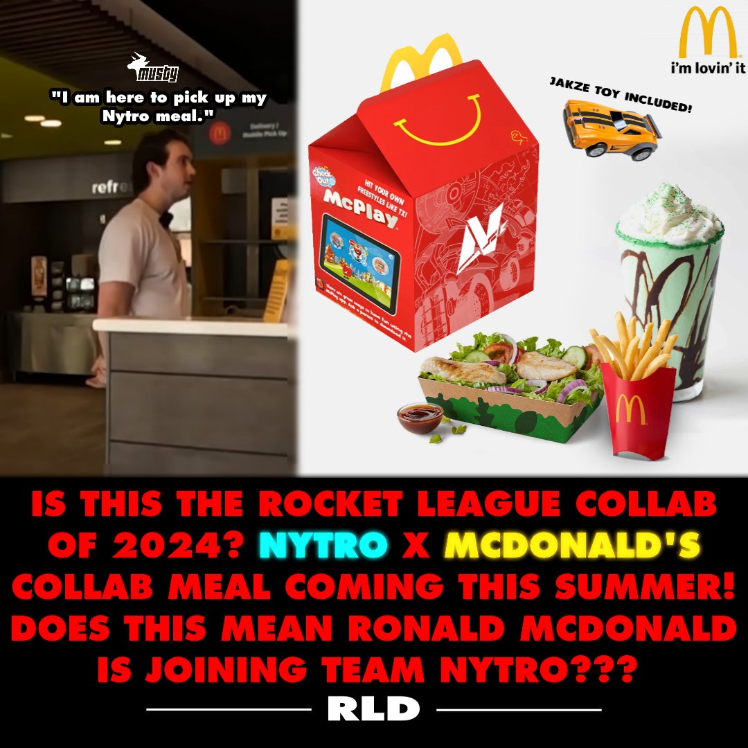 rocketleaguedaily (@daiiyrocket) on Twitter photo Did <a href="/TeamNytroRL/">Nytro</a> and <a href="/McDonalds/">McDonald's</a> cook with this collab? The all new CGTโข meal will include:
- The Nytroโข Salad
- The Nytroโข Chocomint Shake
- The Nytroโข Jakze Toy
- Small Fry
Would you eat this meal?
Follow <a href="/daiIyrocket/">rocketleaguedaily</a> for more Rocket League news! ๐๐ฅ
#rocketleague #news Did <a href="/TeamNytroRL/">Nytro</a> and <a href="/McDonalds/">McDonald's</a> cook with this collab? The all new CGTโข meal will include:
- The Nytroโข Salad
- The Nytroโข Chocomint Shake
- The Nytroโข Jakze Toy
- Small Fry
Would you eat this meal?
Follow <a href="/daiIyrocket/">rocketleaguedaily</a> for more Rocket League news! ๐๐ฅ
#rocketleague #news