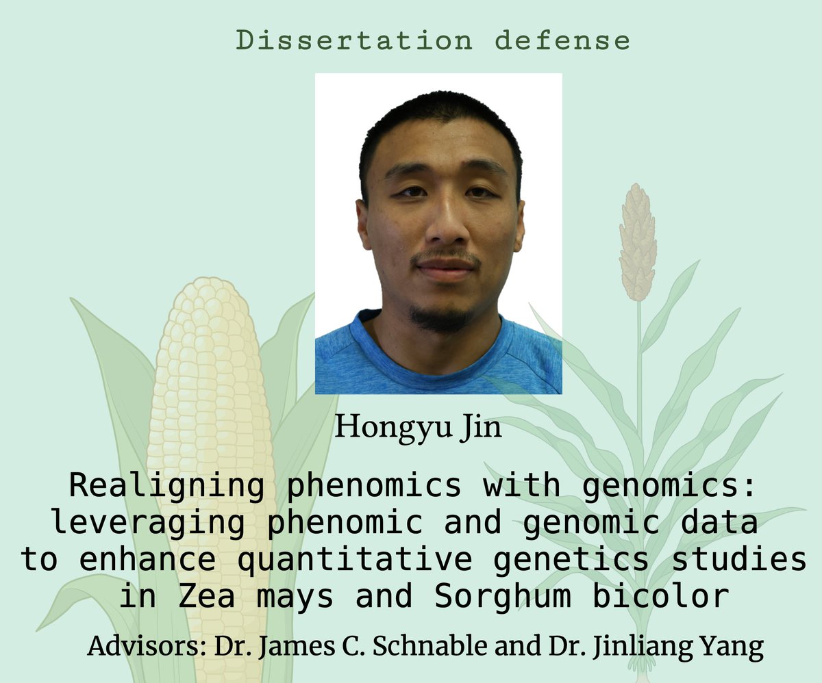 Hongyu Jin (@HongyuJin5)'s PhD defense is tomorrow Wednesday May 22nd at 9:30 in Beadle E106. Please come by if you're on campus this summer! @UNL_PSI @unlagrohort @CropsUNL