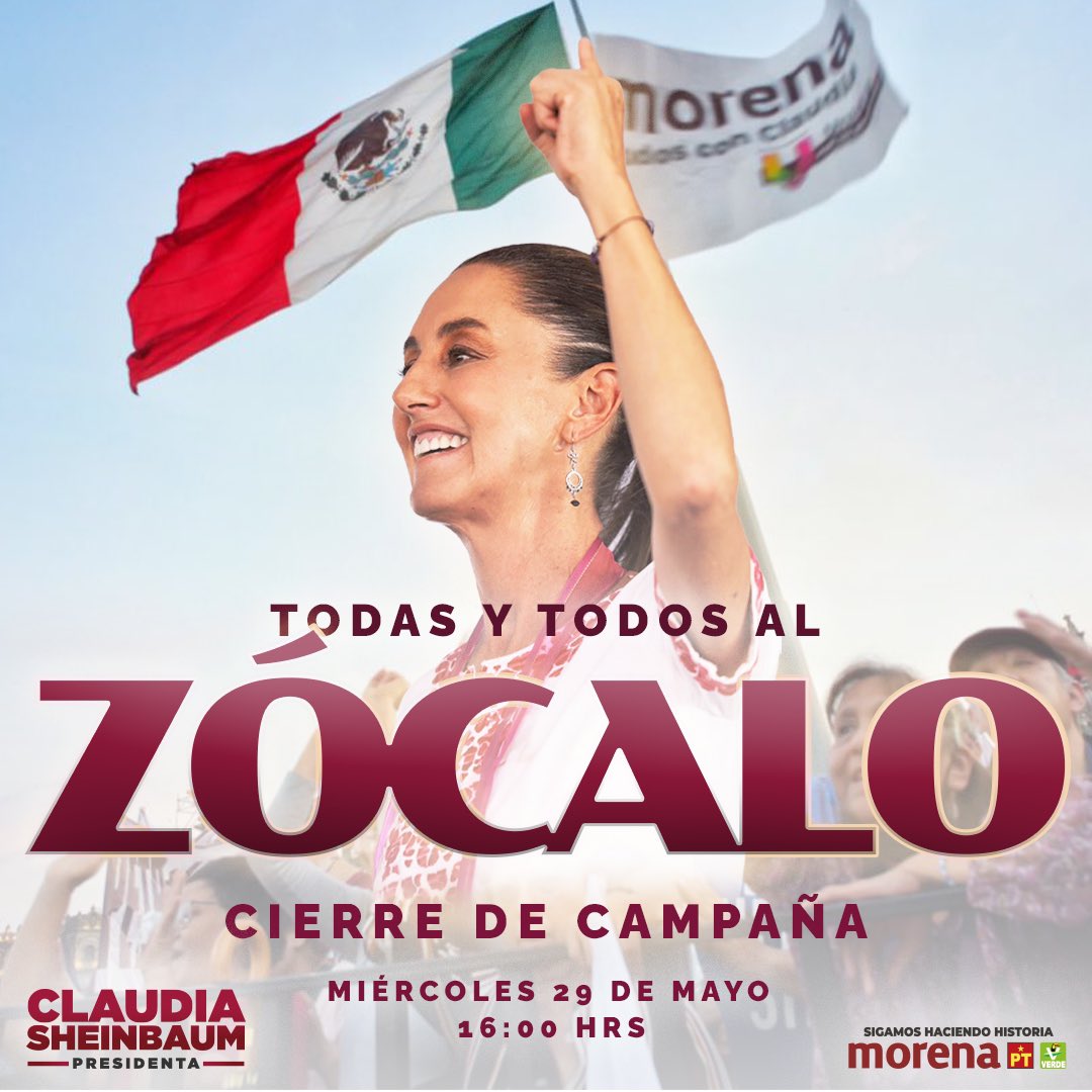 Ya falta muy poco para que #Claudia @Claudiashein sea la primera #Presidenta de #México 🇲🇽 ¡Vamos todas y todos al gran #CierredeCampaña! 🙌 ¡No Faltes! #Zócalo 💜 #ClaudiaPresidentaDeMéxico #YoConClaudia