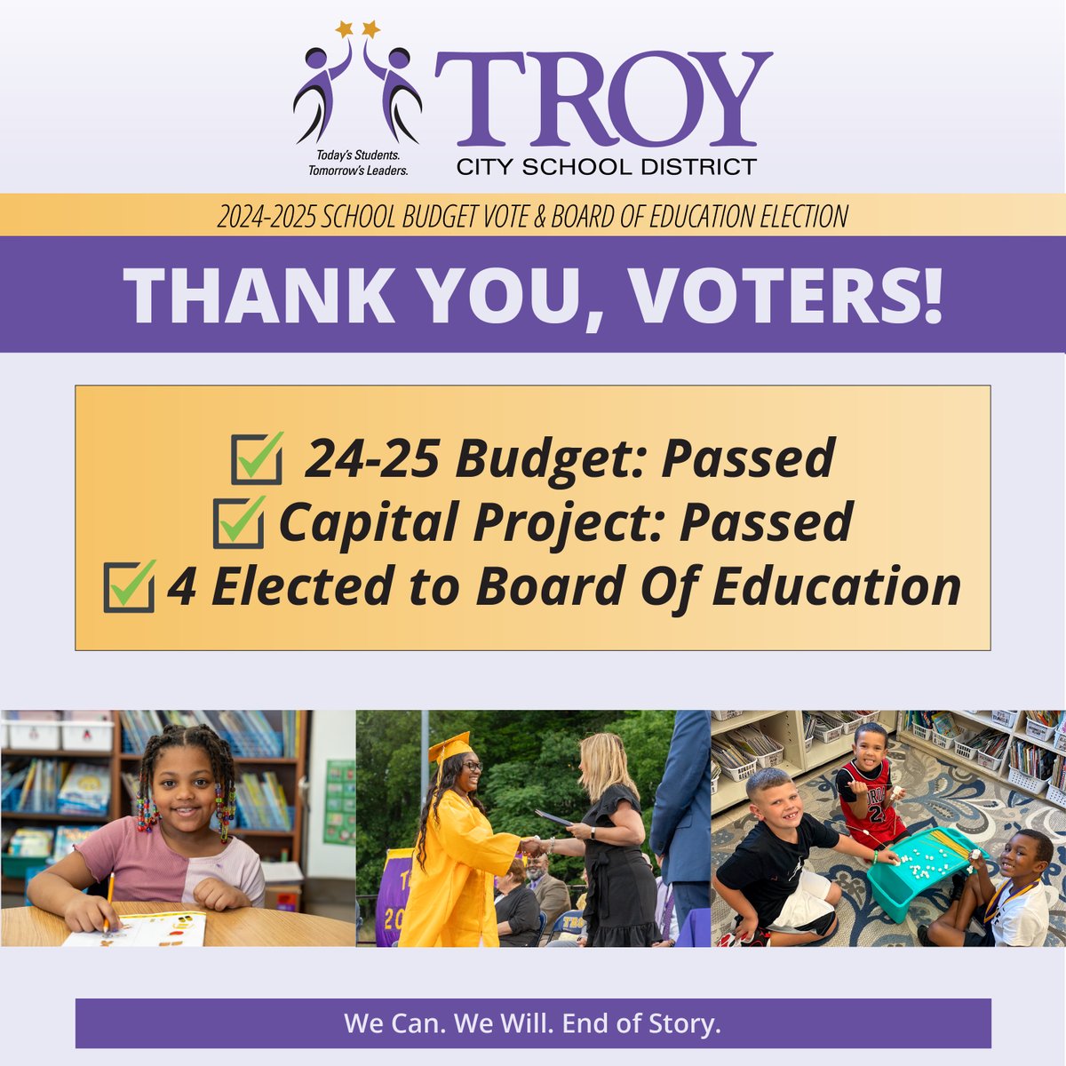 Thank you voters!

✅ 24-25 Budget: Passed
✅ Capital Project: Passed
✅ 4 elected to Board of Education

For full results, visit our website: troycsd.org/2024/05/21/vot…
