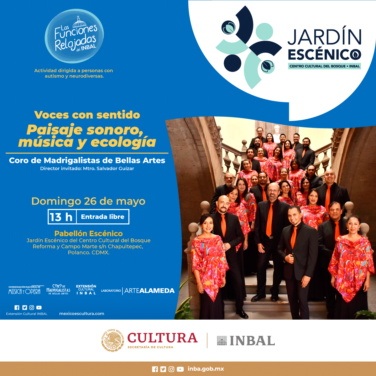 No te pierdas el concierto “Voces con sentido. Paisaje sonoro, música y ecología”, en #FunciónRelajada, que @ExtensionINBAL, en colaboración con el @CMBA_INBA de @MusicaINBAL, presentará en el Pabellón Escénico del @jardinescenico. 💙 ¡La entrada es libre, te esperamos! 👇