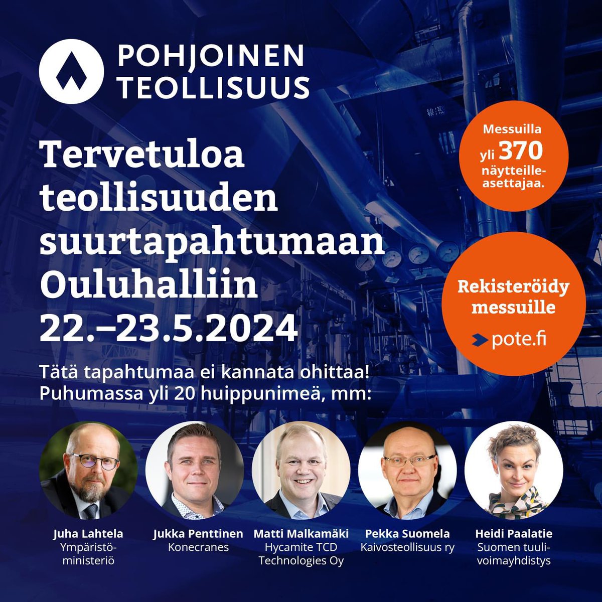 Tännään starttaa @PohjTeoll Oulusa!
Tolokku tapahtuma, ei mittää ilimanaikuista, joten tuuhan vasiten käymään ja hakemaan kompiaisia meän osastolta 117. Ollaan siellä yhessä OT-Kumin kanssa. 

#messut #Oulusa #Pote24