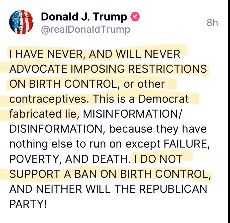 Both of these from today.

Interviewer: “Do you support any restrictions on a person’s right to contraception?”

Trump: “We’re looking at that. I’m going to have a policy on that, I think it’s a smart decision. I’m coming out within a week or so with a very comprehensive policy.”