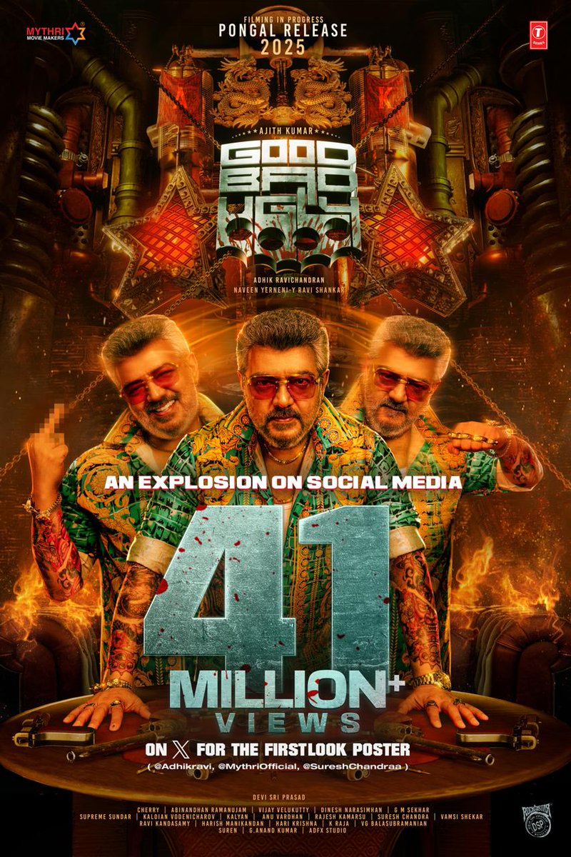 GoodBadUgly takes the internet by storm ❤‍🔥 41 MILLION+ VIEWS for the first look poster on 𝕏 🥳🔥 In Cinemas Pongal 2025 🥳🎉 Shooting in Progress #Ajithkunar #goodbadugly