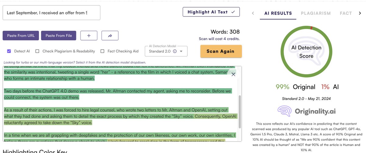 For what it's worth, it seems her statement was written by a human. It would have been very interesting if it had been suspected of being AI-written (but it was not).

app.originality.ai/share/90nkpuly…