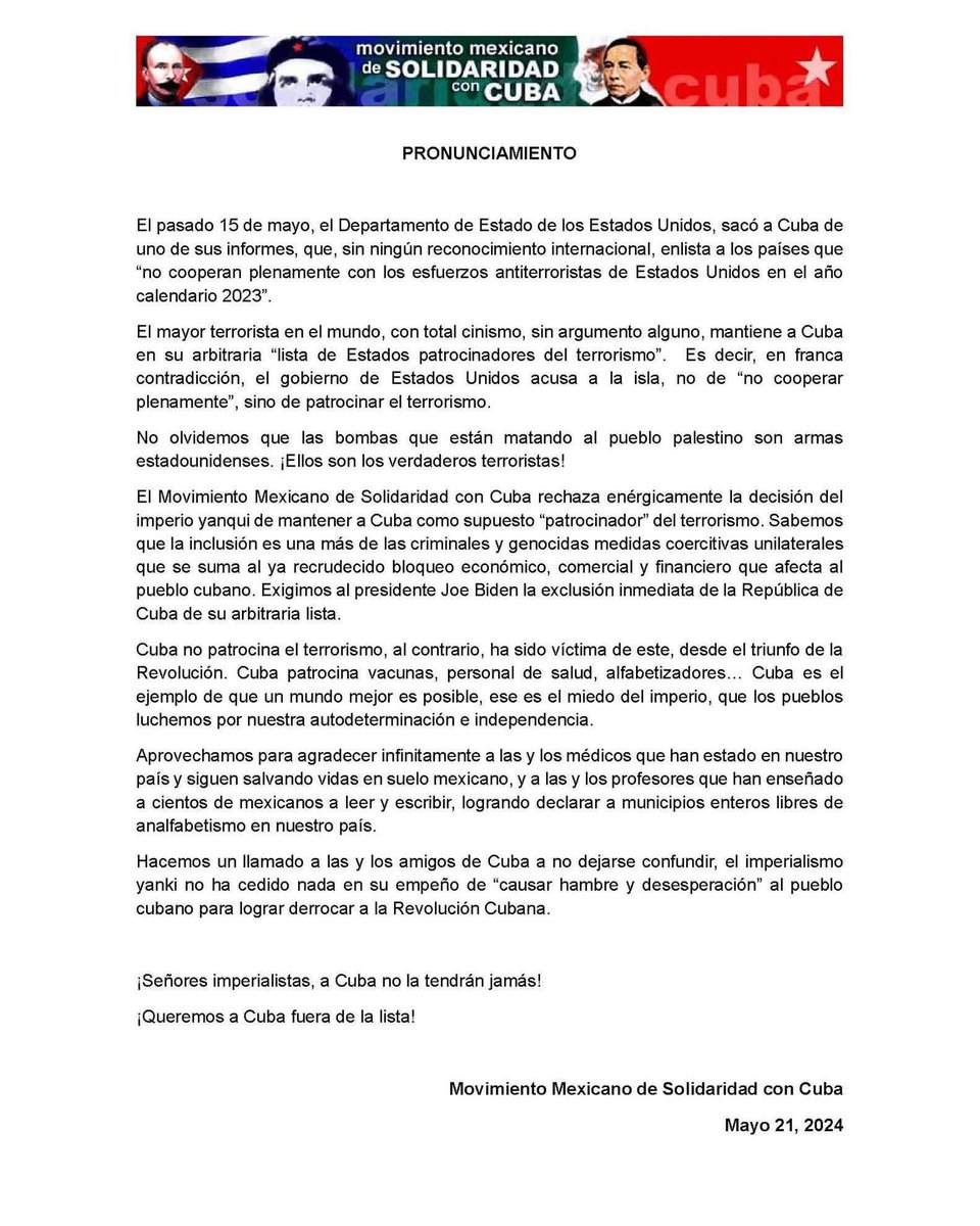 La Asociación de Cubanos Residentes en México 🇲🇽 “José Martí” y el Movimiento Mexicano de Solidaridad @_mmsc demandan al gobierno de EEUU la exclusión de Cuba🇨🇺 de la espuria lista de países patrocinadores del terrorismo. #MejorSinBloqueo #FueradelaLista