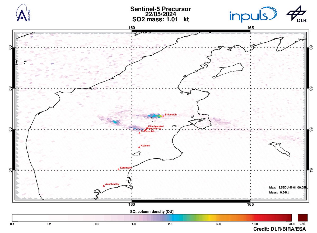 On 2024-05-22 #TROPOMI has detected an enhanced SO2 signal of 3.59DU at a distance of 9.2km to #Shiveluch. Other nearby sources:  #Kliuchevskoi #Bezymianny #Tolbatschik. #DLR_inpuls @tropomi #S5p #Sentinel5p @DLR_en @BIRA_IASB @ESA_EO #SO2LH