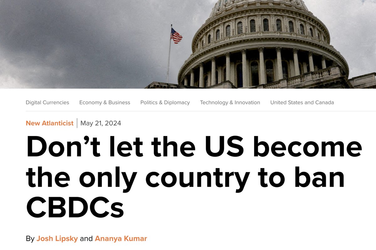 CB⚡DC DAILY: BACK IN BLACK 🤘🏼 Don’t let the US become the only country to ban CBDCs 'It would be a self-defeating move in the race for the future of money.' @JoshuaLipsky and @ananpoe of the @atlanticcouncil are 100% correct! 🔥 That said, in a rare contrarian position, I