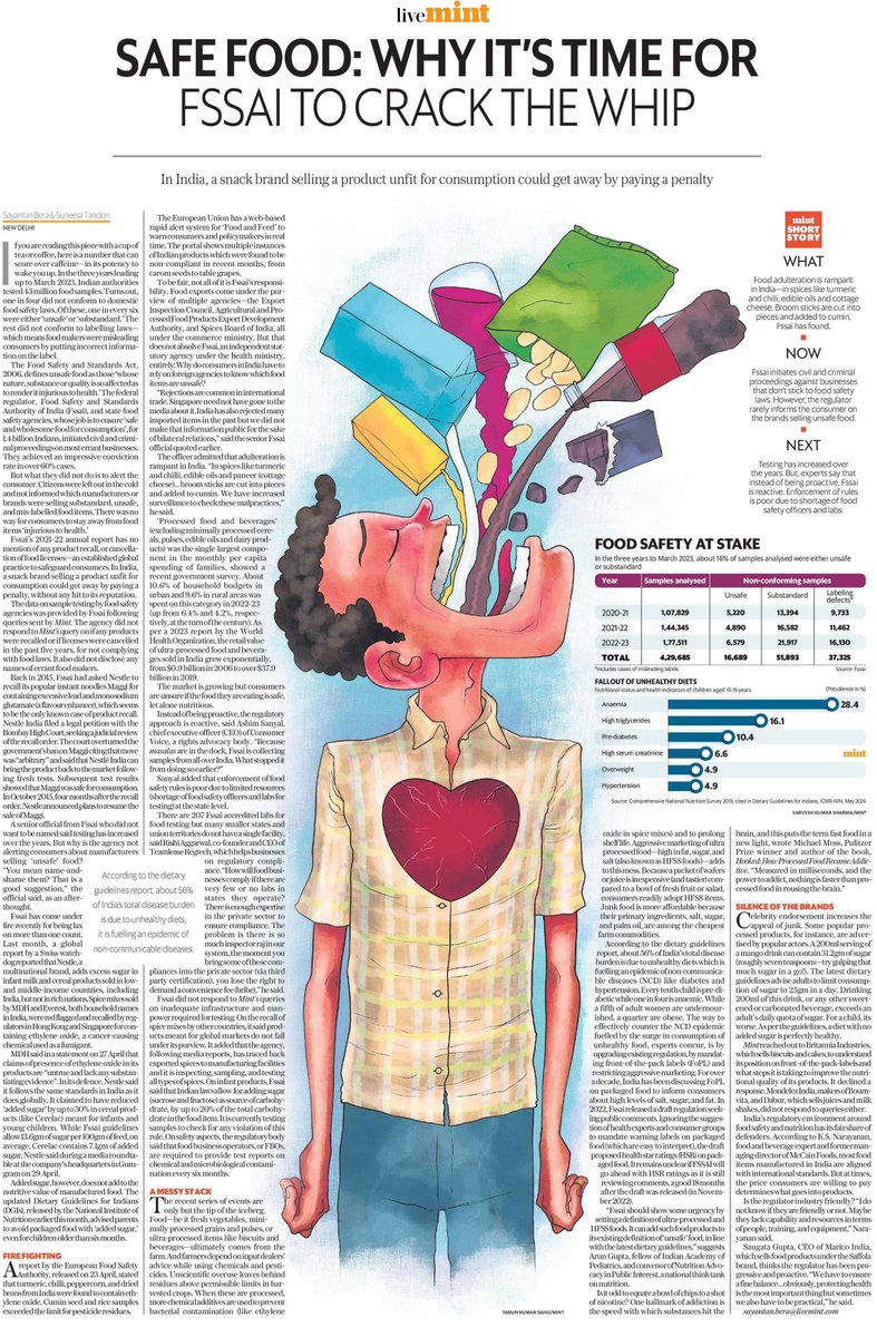 Did you know this?

In three years, from March 2020 to March 2023, the Food and Safety Standards Authority of India  tested 430,000 food samples and found that 1 in 4 (25%) did not conform to food safety laws.

Of these, 1 in 6 were either 'unsafe' or 'substandard' and the rest