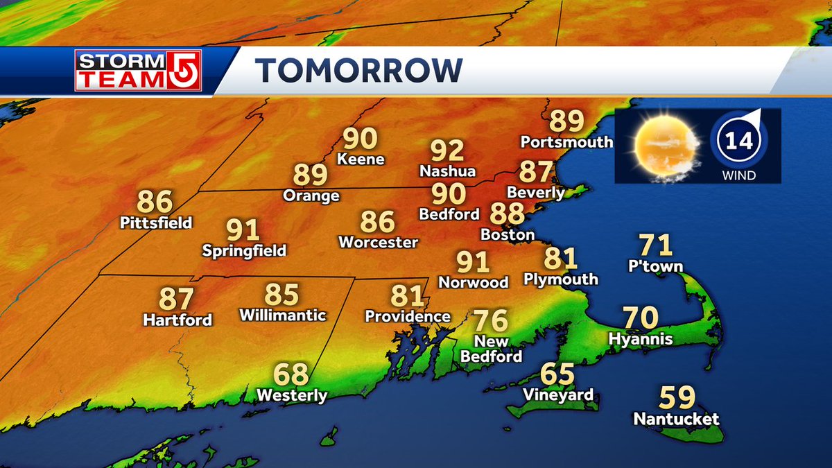 Highs on Wednesday could be warmer than on Tuesday. 90 is possible in several locations, but much cooler on south facing coasts.