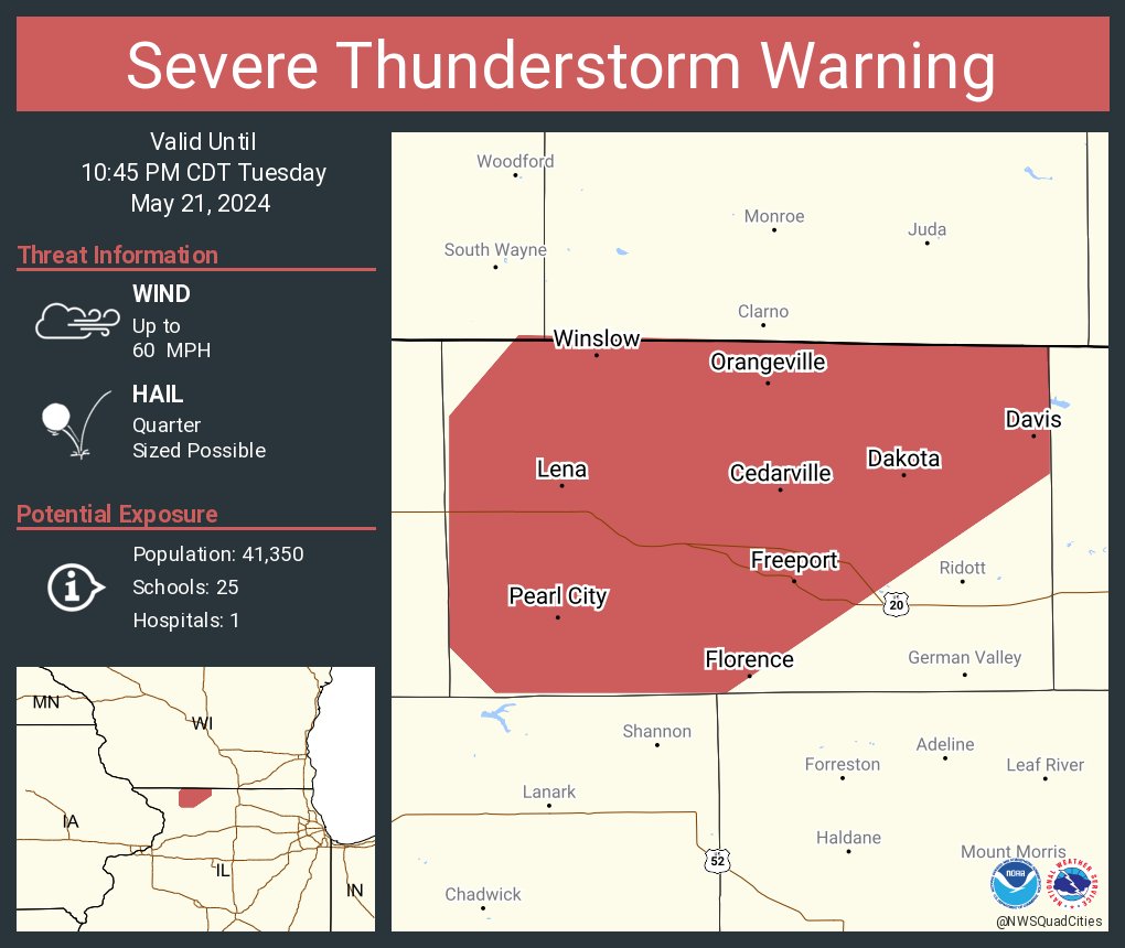 Severe Thunderstorm Warning including Freeport IL, Lena IL and Pearl City IL until 10:45 PM CDT