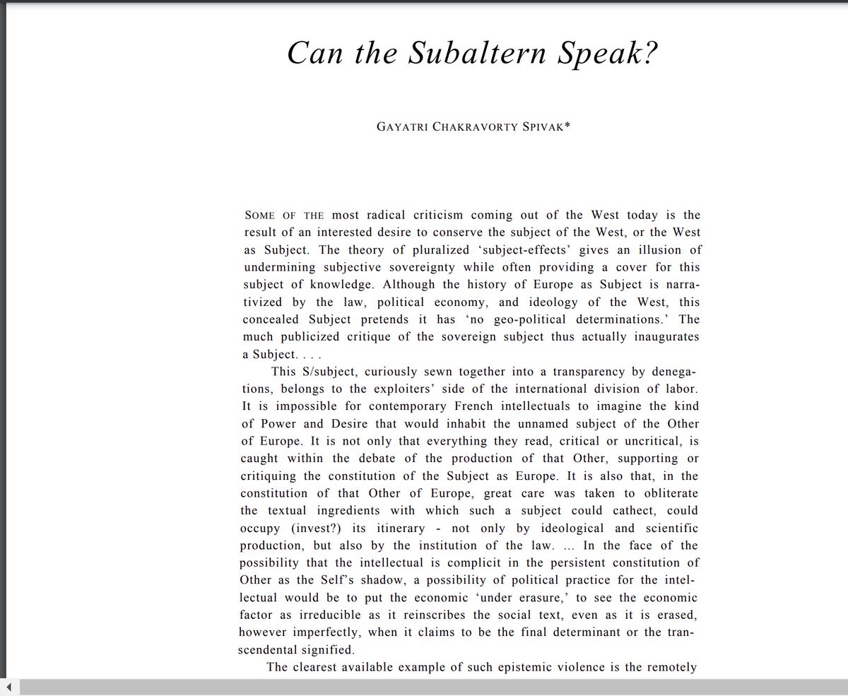 roadscholarz's tweet photo. Gayatri Spivak, “Can the subaltern speak?”: Incomprehensible, except perhaps if you know what she means. Countless students have been made to feel dumb because they did not understand this sort of stuff. As Oscar Wilde said, “to be intelligible is to be found out”. https://t.co/WGIIYKFtxm