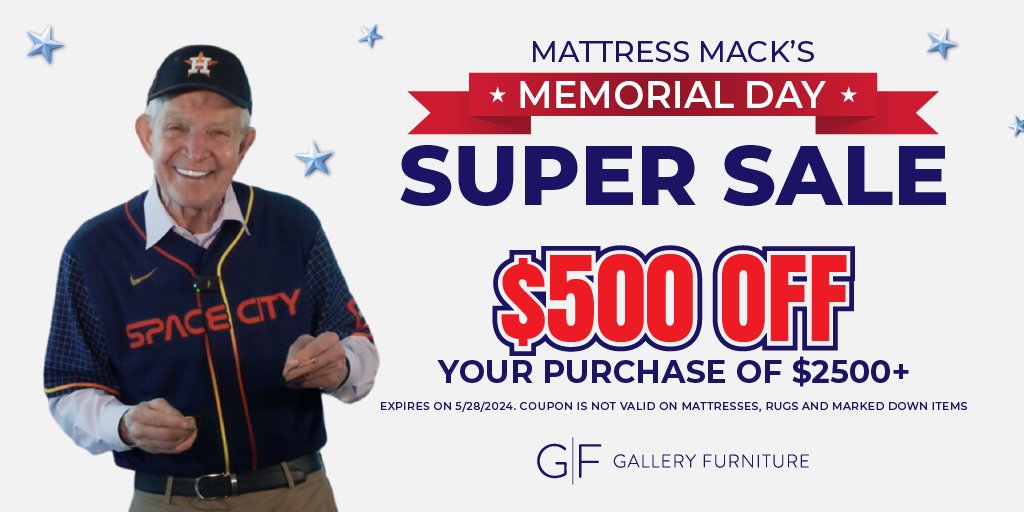 Elevate your home décor game with GF’s Memorial Day Super Sale! Claim your $500 OFF $2500+ coupon at galleryfurniture.biz/4buUKN7 TODAY! But hurry – this offer ends May 28 at 10PM CST! Don't forget, FREE same-day delivery in Houston! *Exclusions apply.