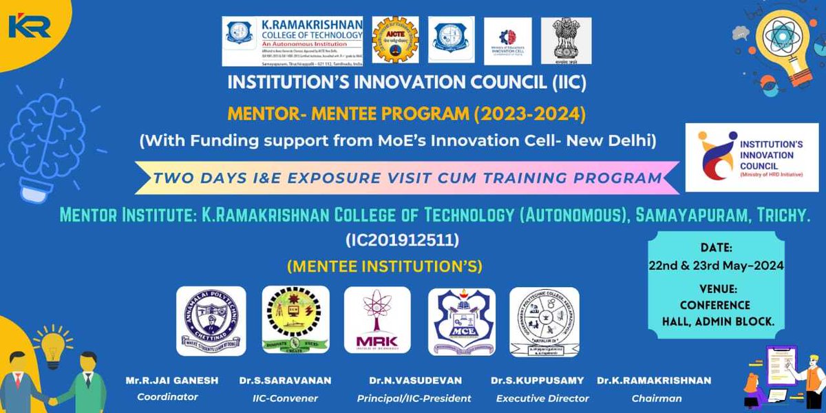 krcttrichy1's tweet image. KRCT, Institution's Innovation Counsil organizes a Mentor-Mentee program (With Funding support from MoE's Innovation Cell- New Delhi)on TWO DAYS I&amp;amp;E EXPOSURE VISIT CUM TRAINING PROGRAM
#krct #krctcollege #mentor #event #IIC