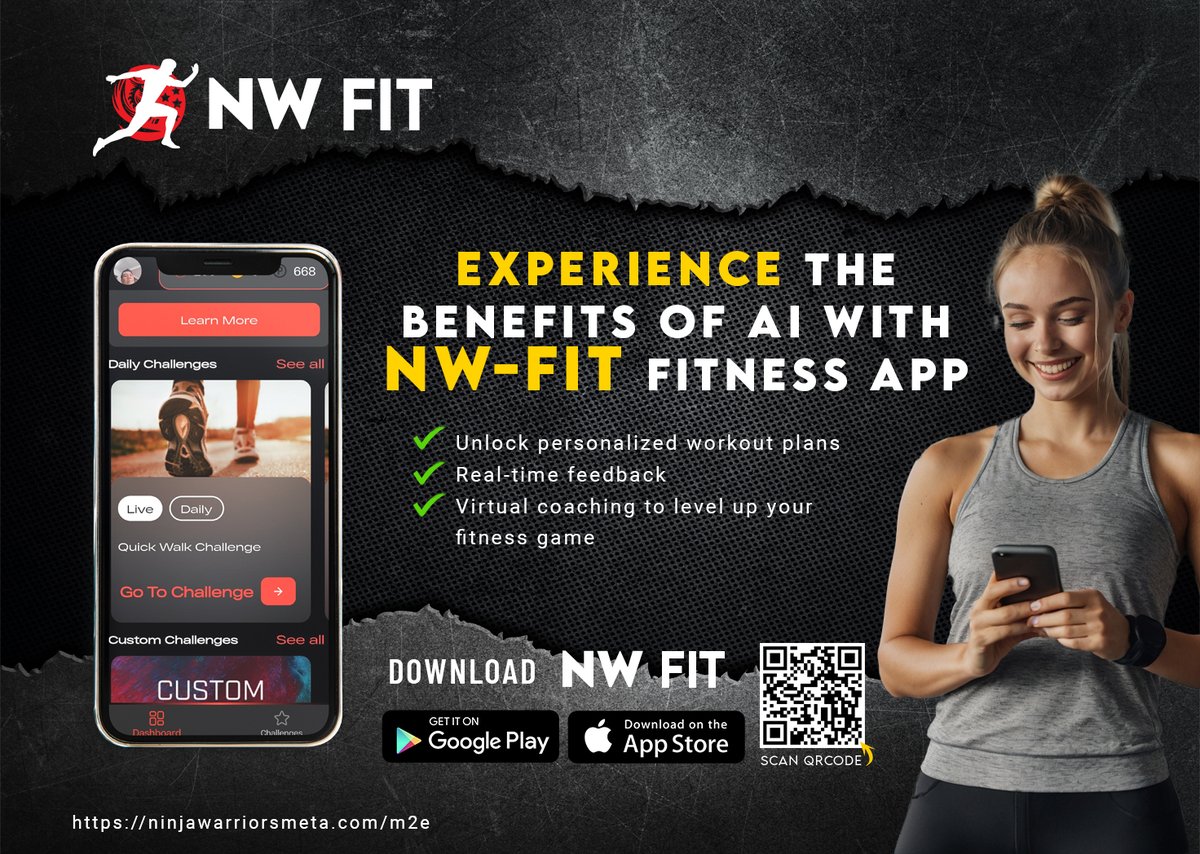 Experience the benefits of #AI with the NW FIT #Fitness app! 🤖
NW FIT will help you achieve your fitness goals by providing personalized #workout plans, real-time feedback,  virtual #coaching, and more.

Get your app here: ninjawarriorsmeta.com/m2e

#health #StayFit #gym #running