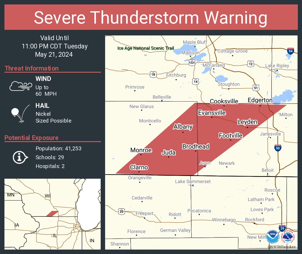 Severe Thunderstorm Warning including Monroe WI, Edgerton WI and Evansville WI until 11:00 PM CDT