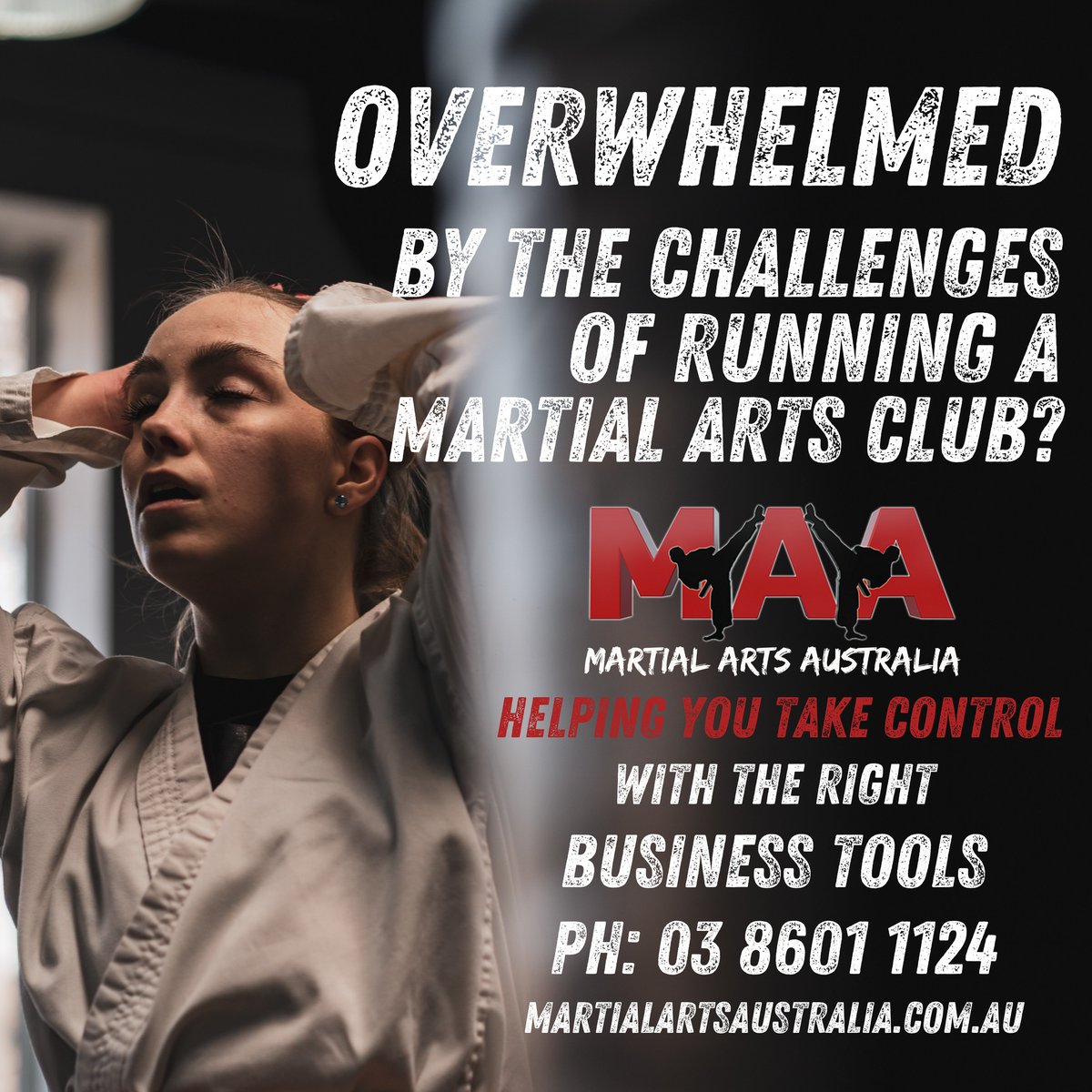Running a martial arts club can be very busy and overwhelming.
Using the right business tools can reduce costs and give you more time.
You don't need to do all on your own, MAA Membership provides a world of support.

Get help now: 03 8601 1124
martialartsaustralia.com.au/membership/pac…