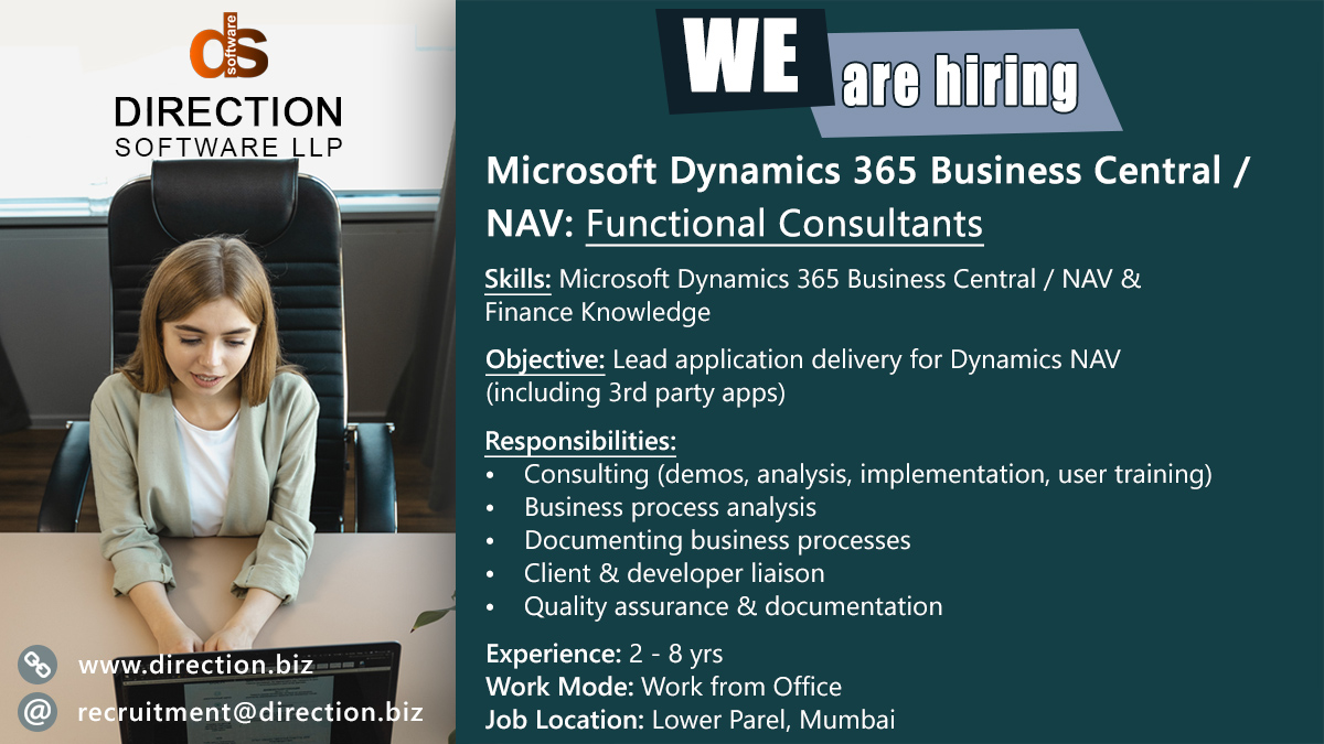 directionswsoln's tweet photo. 🚀 We're #Hiring! 🚀

Join us as a Microsoft #Dynamics365 #BusinessCentral / #NAV #FunctionalConsultant in Lower Parel, #Mumbai

Lead our application delivery for #DynamicsNAV &amp; make an impact. Send your resume to recruitment@direction.biz

#NAVConsultant #DirectionSoftware #D365 https://t.co/HfKph2SnH3